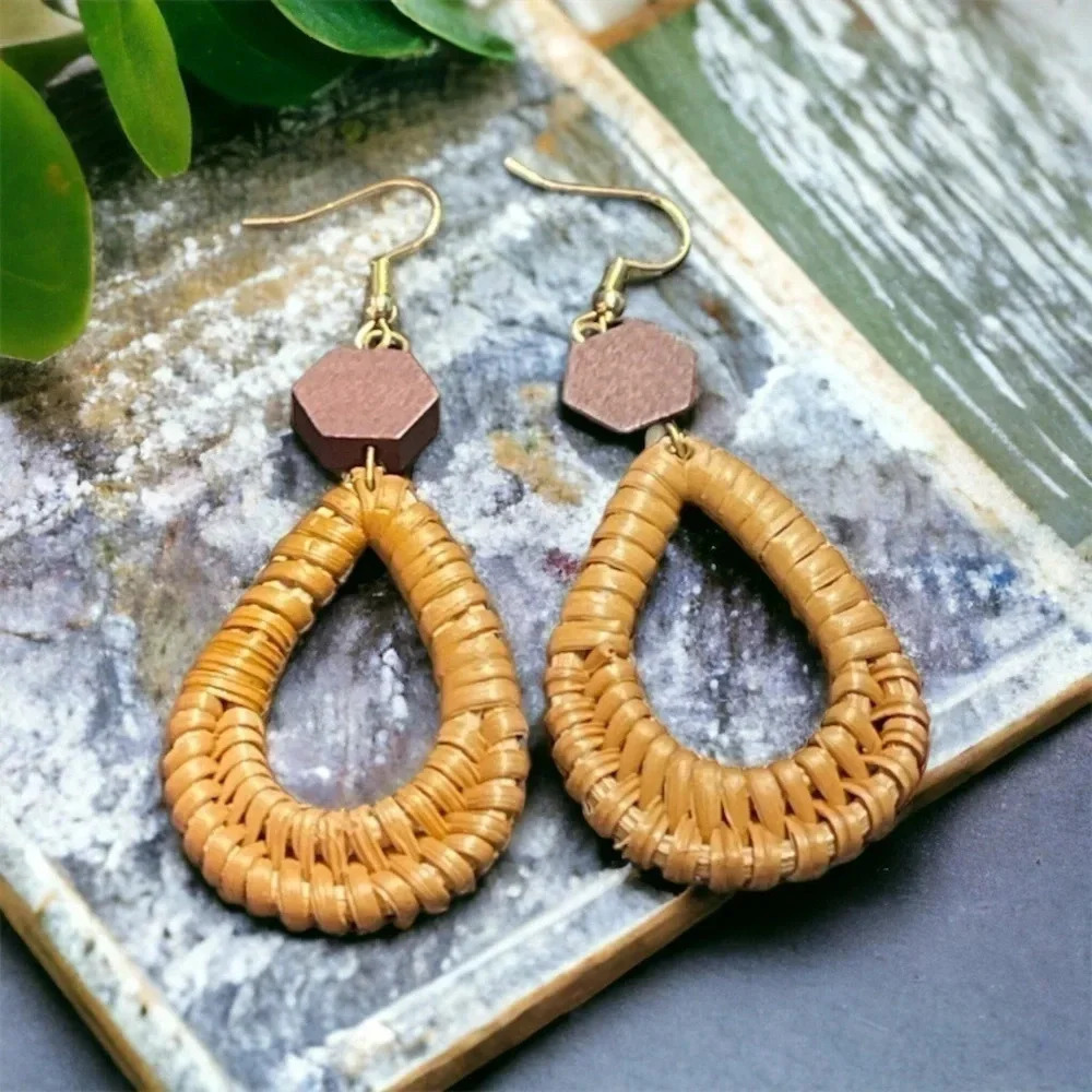 14K Gold Dangle Woven Hoop Wooden Shape Earrings